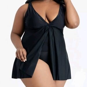 Nicole Miller NWT Plus Size 1X Flyaway Swimdress One Piece Swimsuit Tan